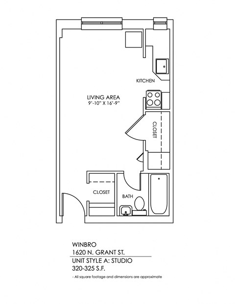 Floor plan for studio, 1 bath, 350 sqft